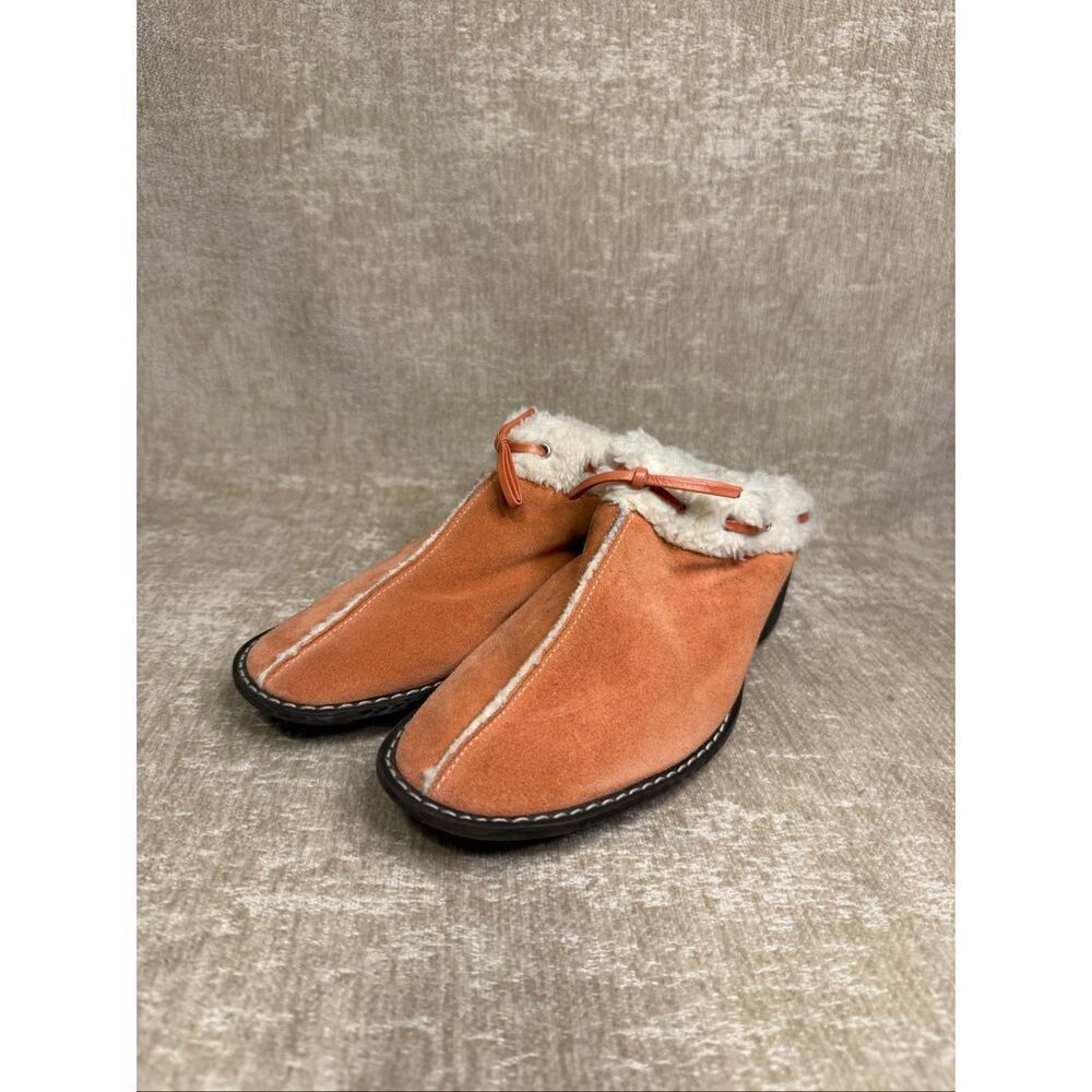 Talbots Women's Suede Shearling Lined Tie Bow Slip-On Mules Clogs Brown Size 8